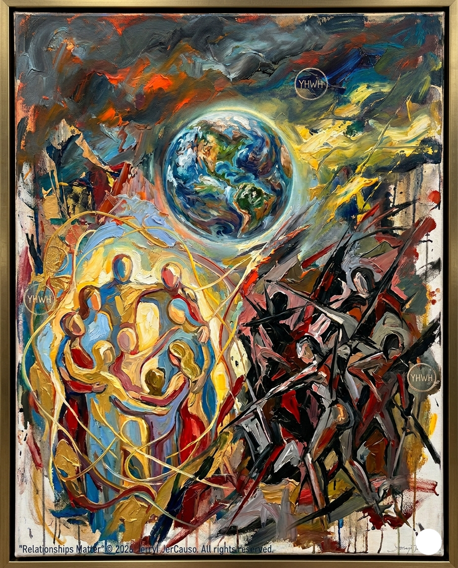 Abstract painting of people and Earth with dynamic colors