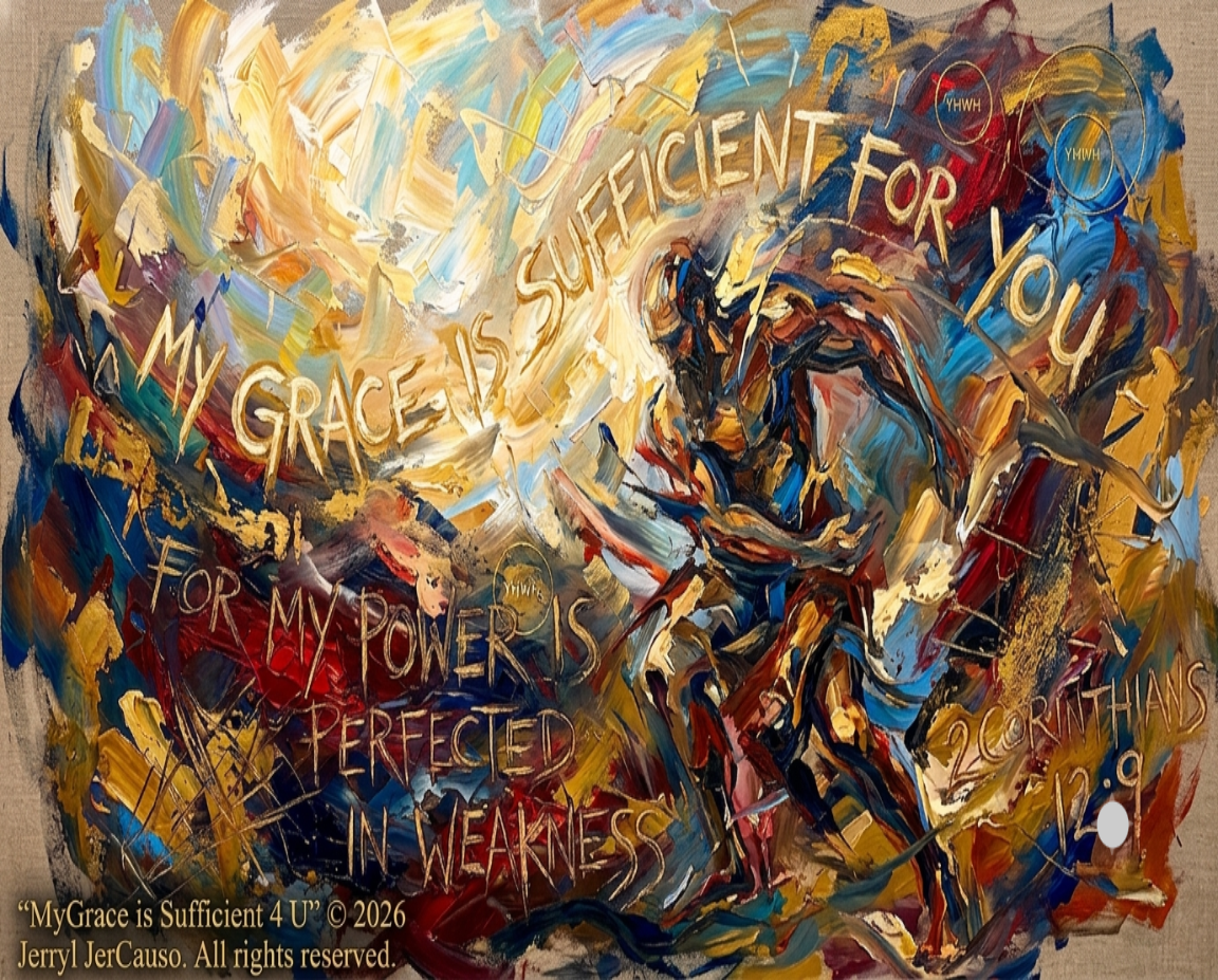 Abstract painting with text 'My grace is sufficient for you' and artist's signature.