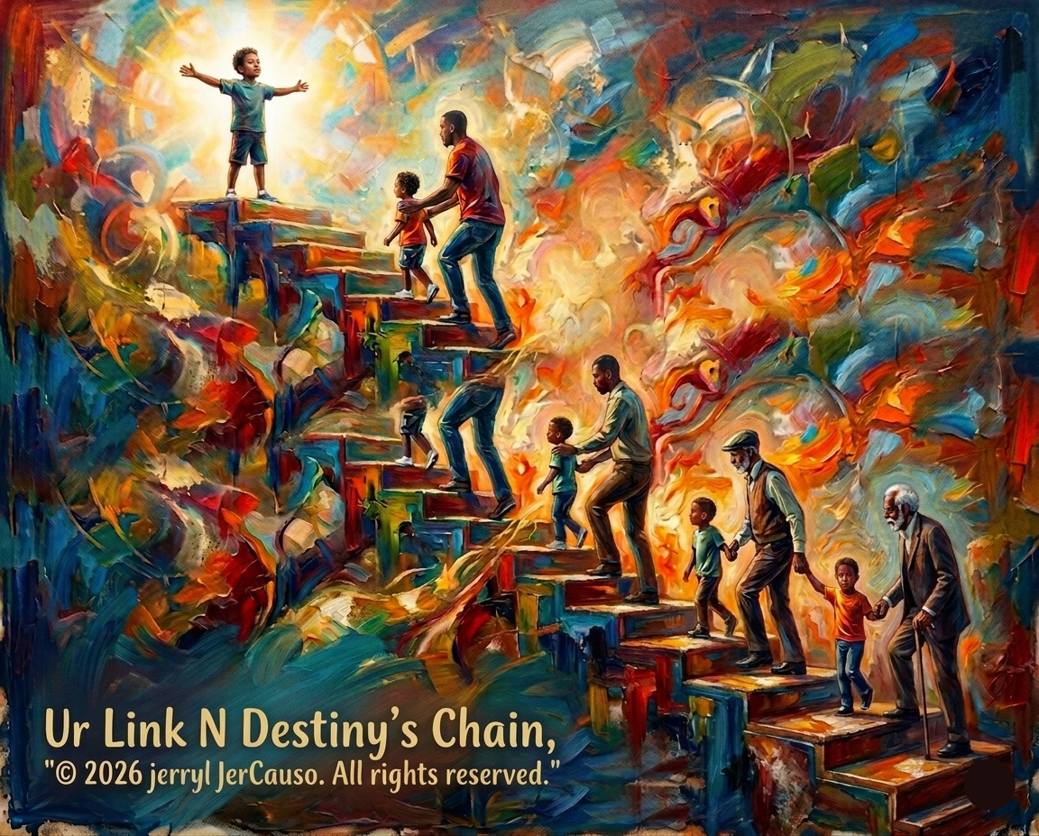 Colorful painting of people on steps with a celestial background, featuring the artist's name and copyright information.
