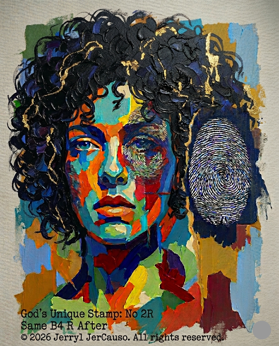 Colorful abstract portrait with textured elements and text overlay