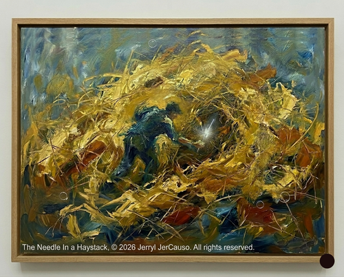 Abstract painting titled 'The Needle in a Haystack' by Jerryl JerCauso with a wooden frame.