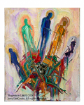 Abstract artwork with colorful figures on a textured background