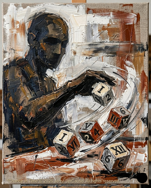 Abstract artwork with numbers and symbols on a textured background