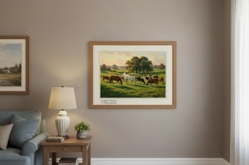 Painting of cows and horses grazing in a lush green field with trees and a sunset sky.
