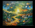 Colorful artwork of a forest with musical elements and instruments.