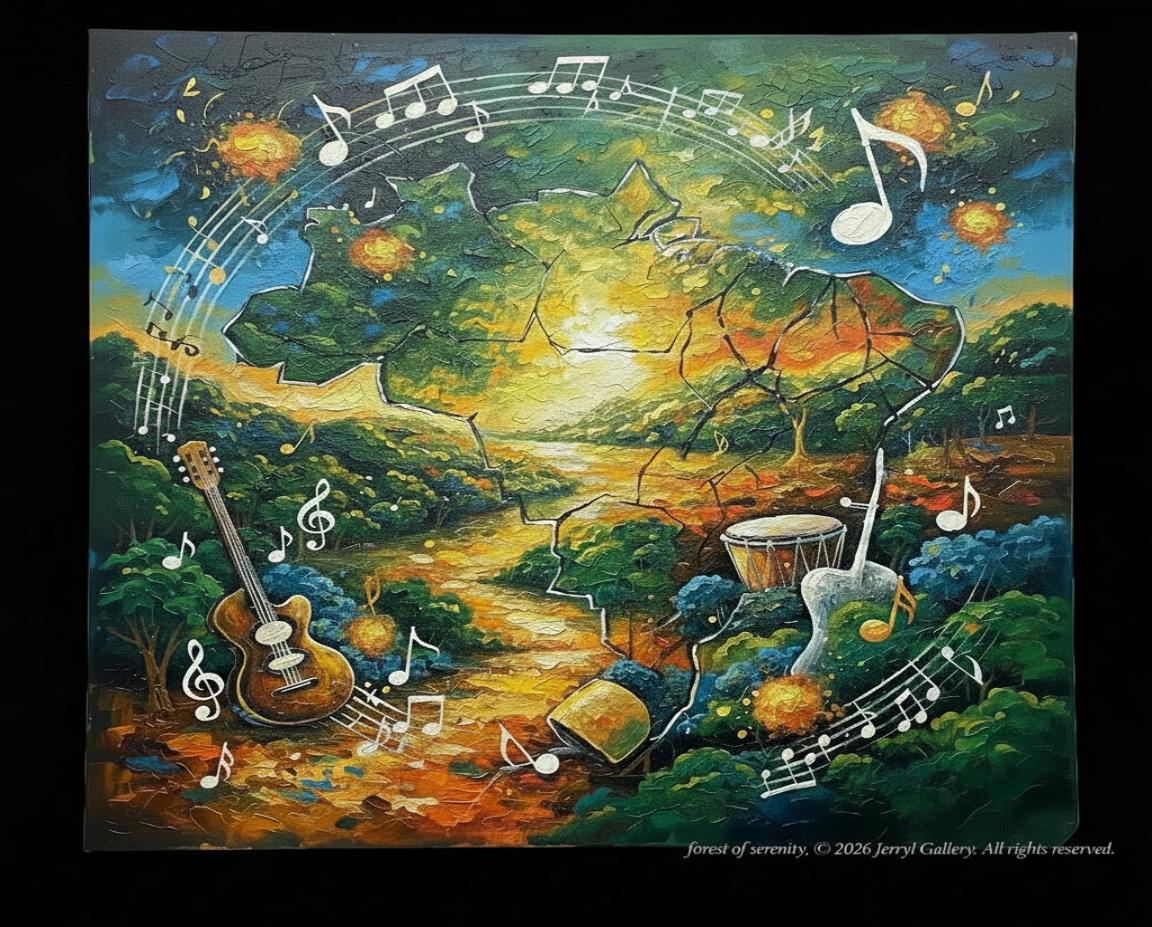 Colorful artwork of a forest with musical elements and instruments.