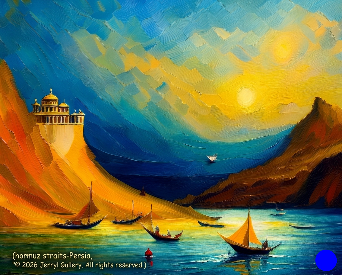 Painting of a scenic landscape with mountains, boats, and a bright sky.