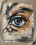 Abstract artwork of an eye with dice and clock design on a textured background
