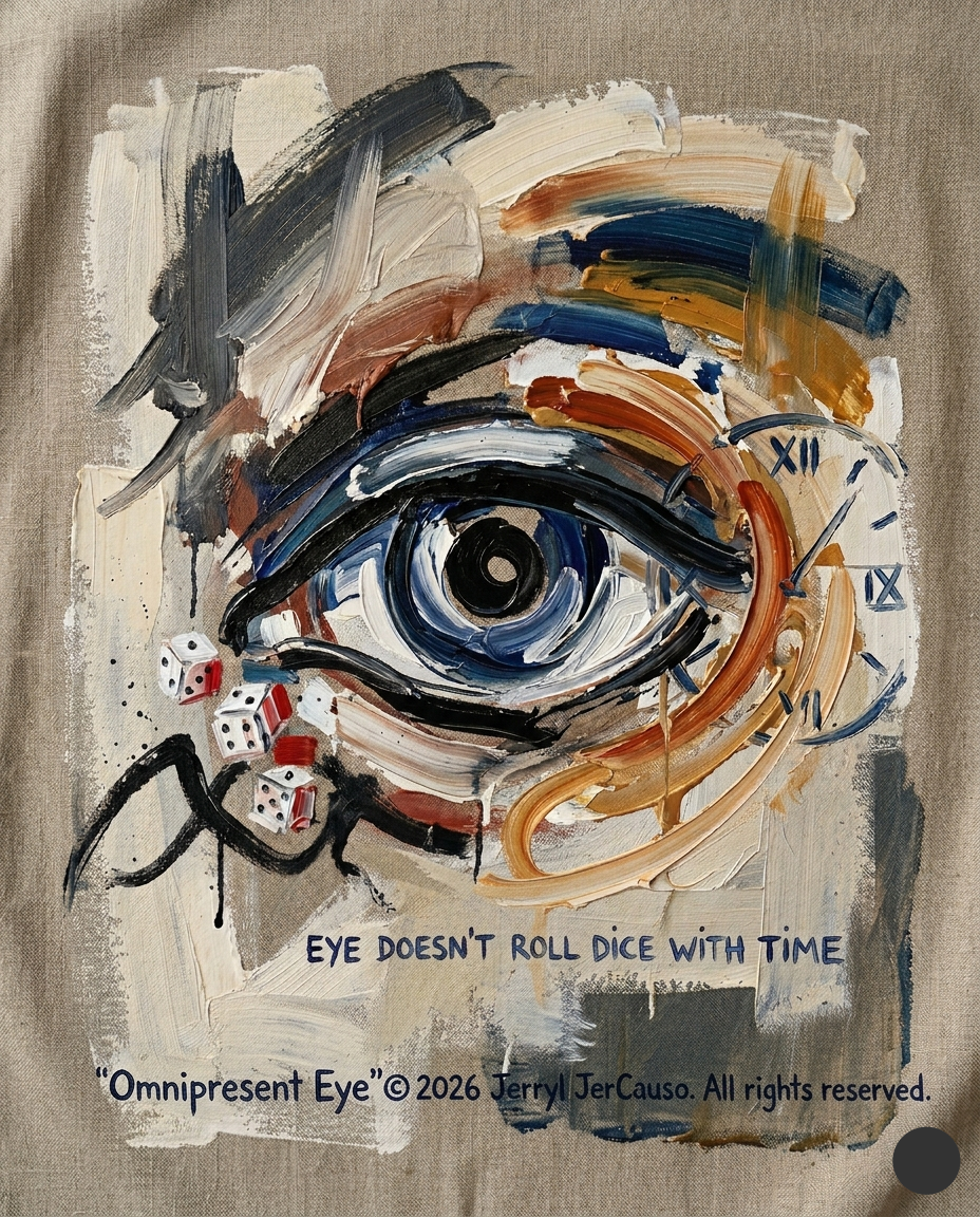 Abstract artwork of an eye with dice and clock design on a textured background