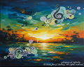 Colorful painting of a sunset over water with musical notes and treble clef symbols.